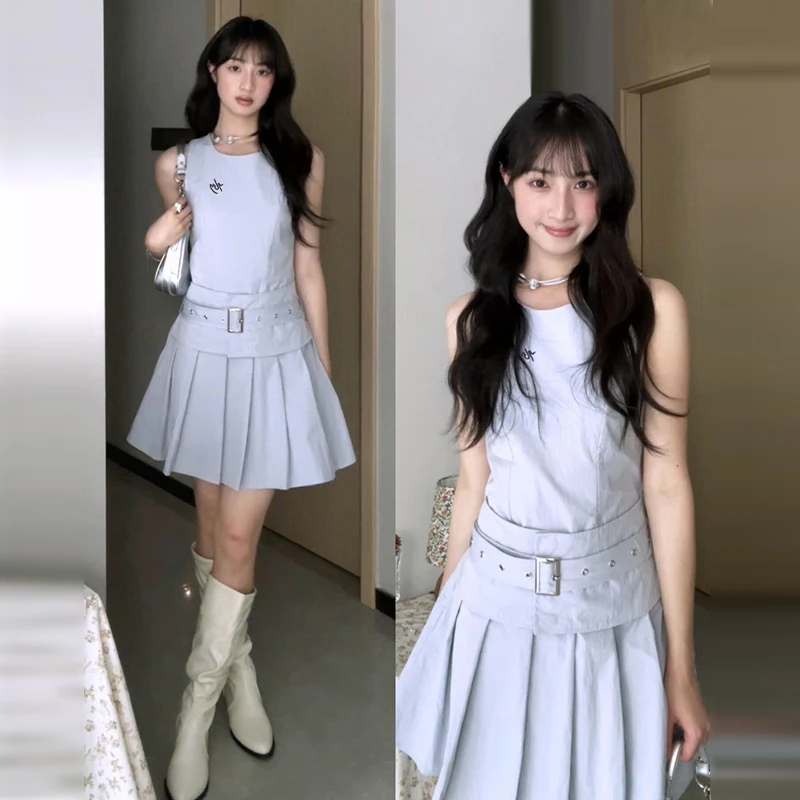 【现货+运补】蓝色无袖收腰背心连衣裙新款绝美百褶短裙3402