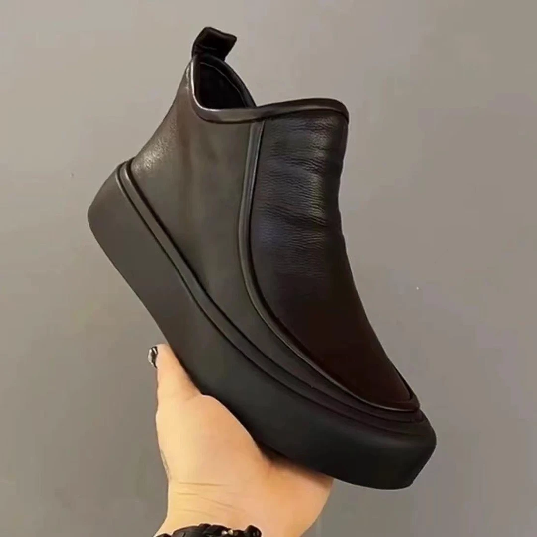 【轻奢男鞋】牛皮鞋休闲秋冬新款加绒时尚男士圆头侧拉链皮鞋马丁靴