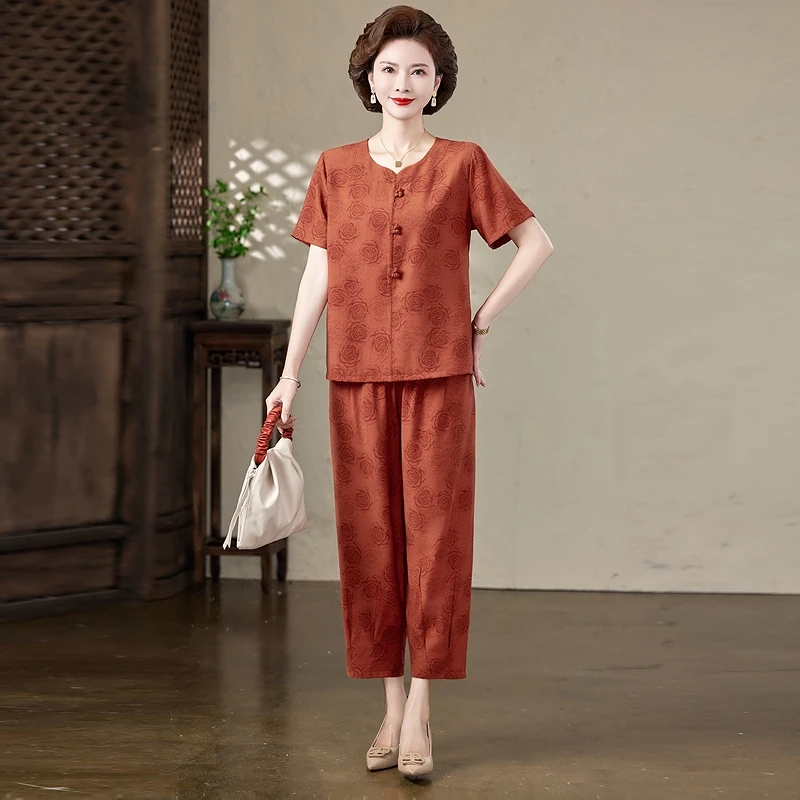 妈妈装洋气中老年夏季棉绸套装短袖T恤九分裤两件套大码女装薄款