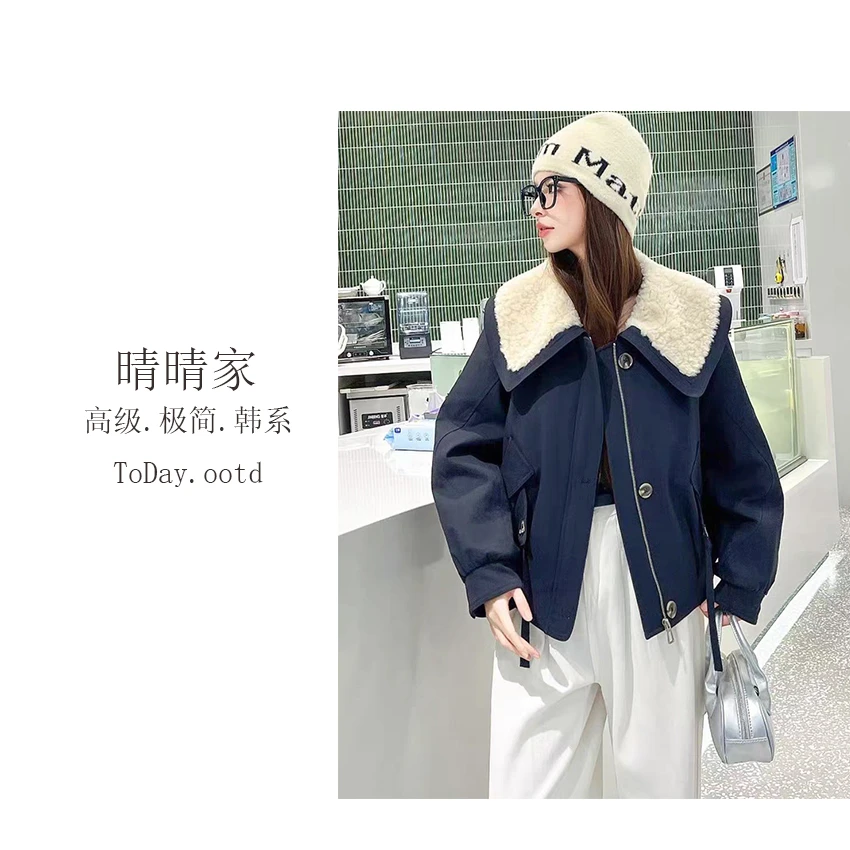 晴晴家-【琥珀叙事】秋冬时尚百搭简约洋气设计感娃娃领外套679