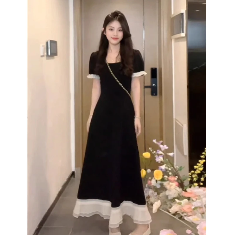 大码时尚高级感拼接连衣裙女2025秋季新款胖mm法式收腰显瘦小黑裙