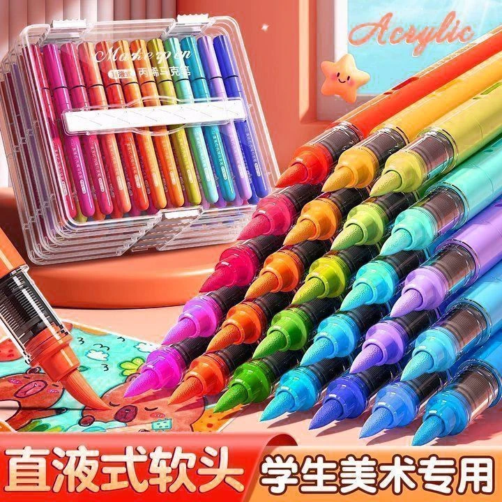 48色绘画彩笔直液软头丙烯马克笔美术学生儿童不透色学生专用叠色