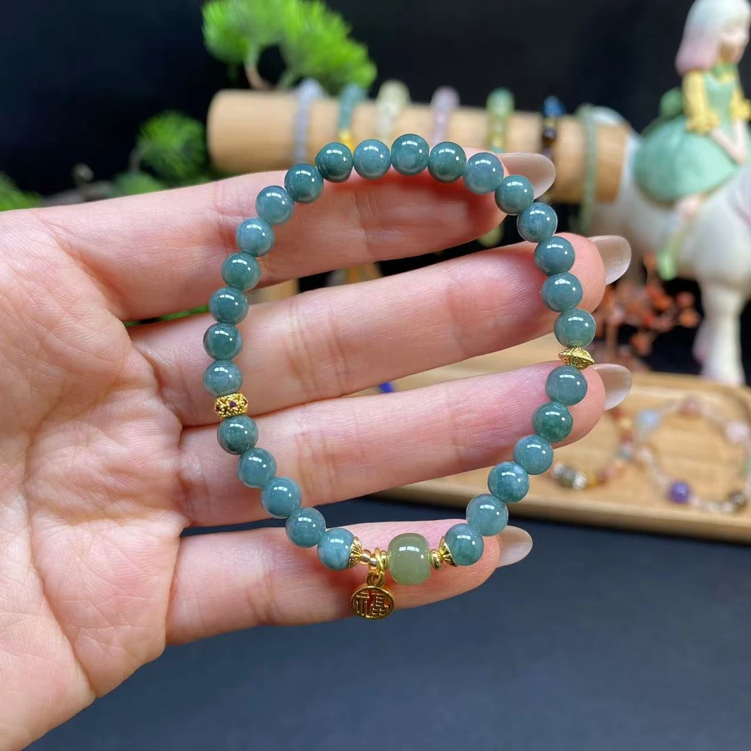 【蓝水翡翠5.8m手串】A478搭配福牌老型珠轻奢女士女士素款蓝色