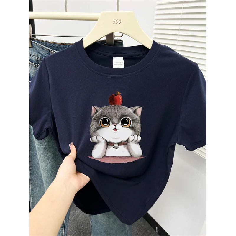 韩版洋气减龄印花正肩短袖t恤女装大码胖MM显瘦百搭设计感上衣ins