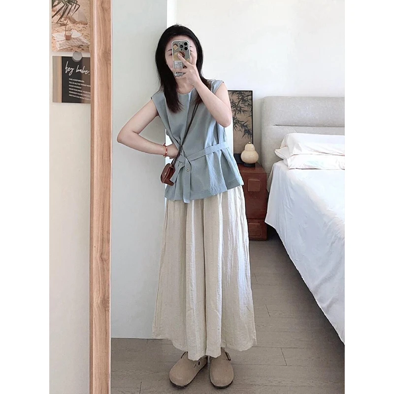 大方得体穿搭一整套2025夏季新款无袖收腰上衣阔腿裤洋气两件套女