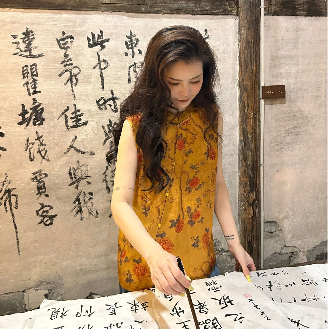 新中式提花马夹长款厚款印花宽松型多彩夏季薄款上衣