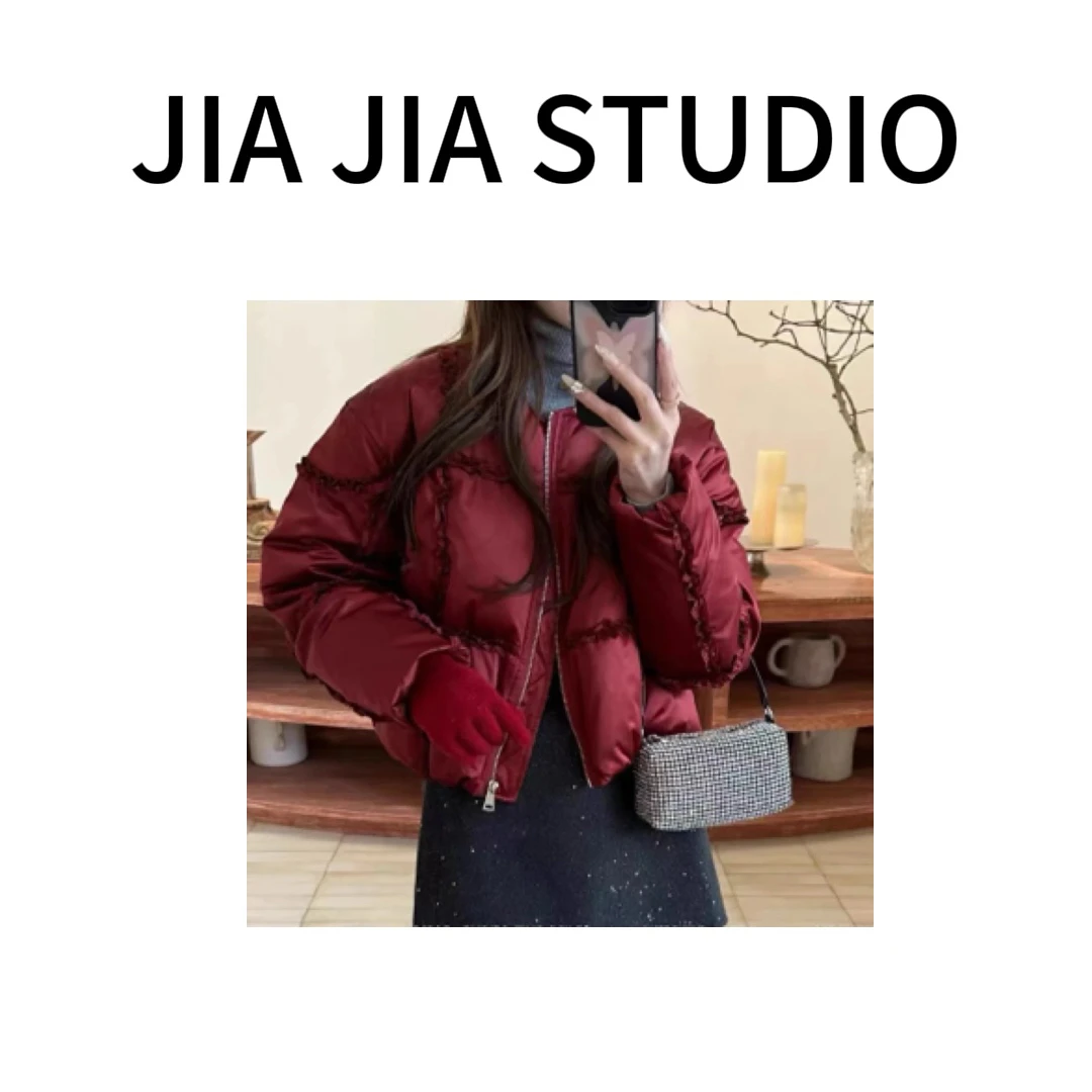 嘉嘉推荐#2562【秋冬加棉加厚款】圆领花边抽绳棉服