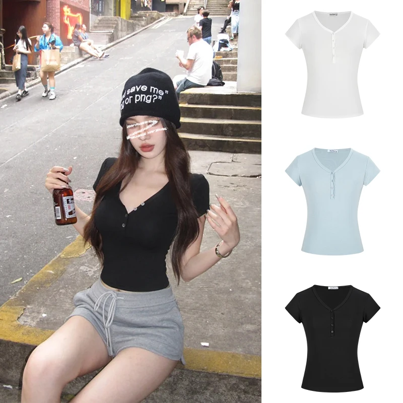 Moses Queen/魔西女王美式复古V领排扣短袖T恤修身显瘦短款上衣