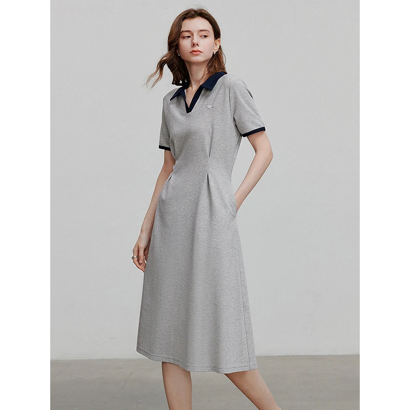 【年终狂欢购】初语撞色POLO领珠地连衣裙2025夏复古美式收腰T恤裙