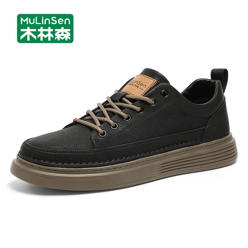 木林森男士板鞋2025新款秋季皮面厚底防滑耐磨运动休闲百搭潮鞋