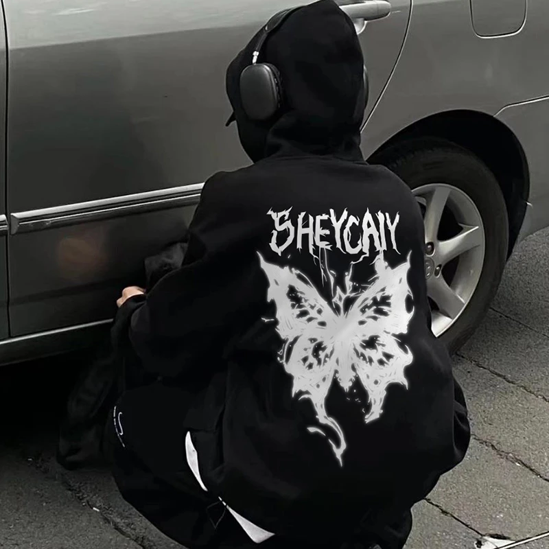 美式高街字母复古暗黑风蝴蝶涂鸦印花休闲百搭宽松连帽情侣款卫衣