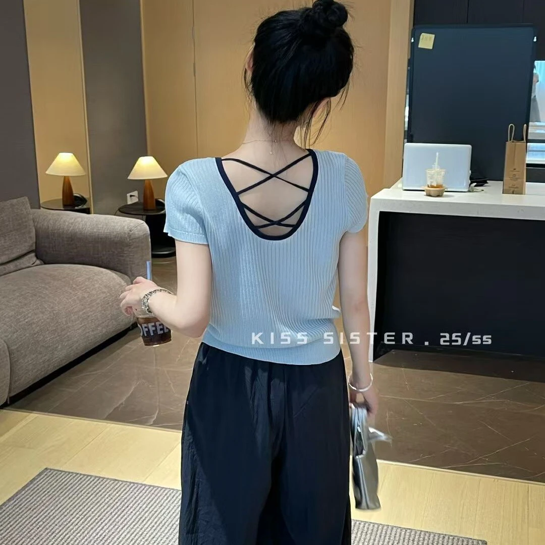 小心机时尚短袖短款圆领上衣女夏季新款宽松露背冰丝针织衫t恤女