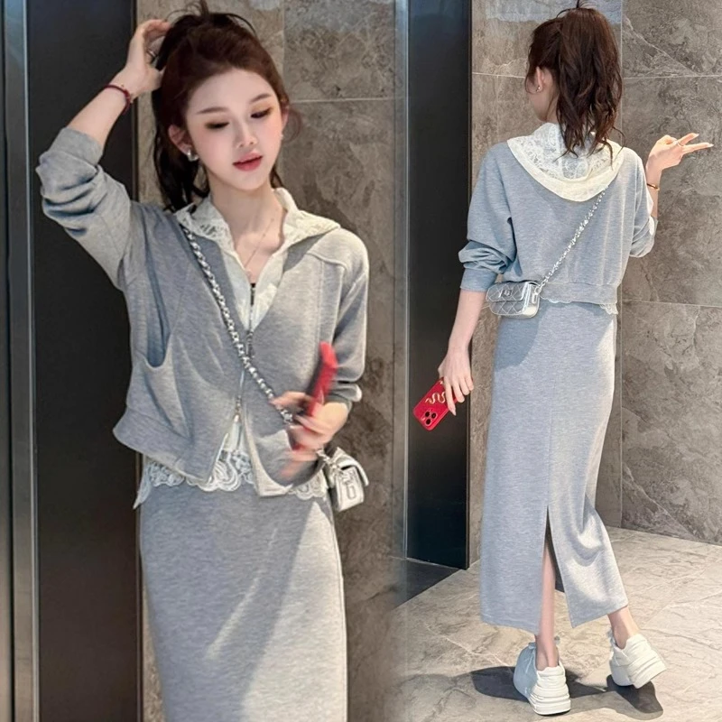 时尚套装裙女2025春季新款洋气质显瘦蕾丝连帽外套半身裙两件套裙
