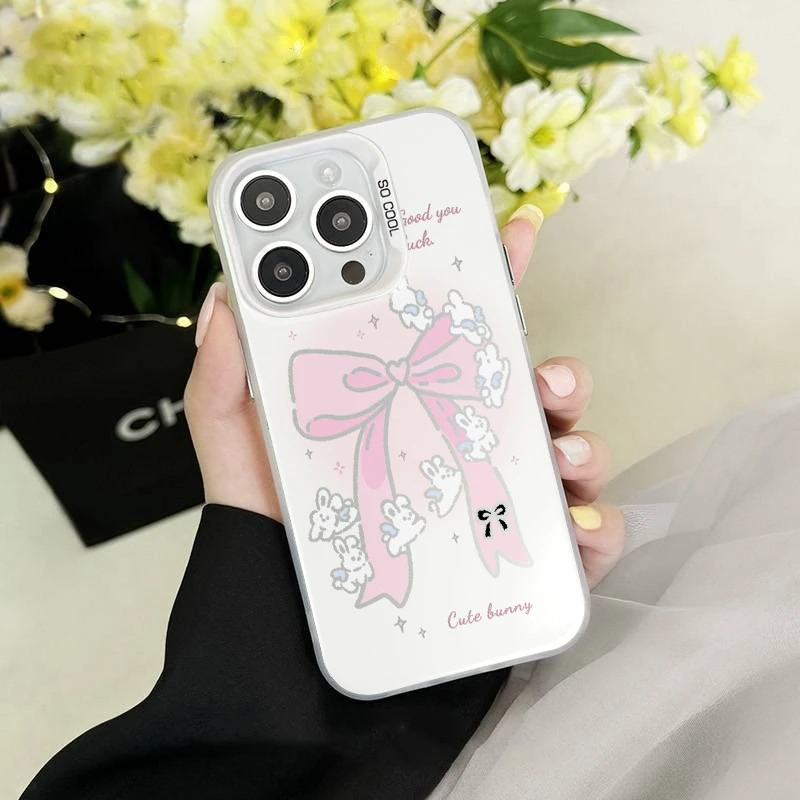 粉色大蝴蝶结小兔彩银壳适用于iPhone苹果16手机壳华为oppo手机壳