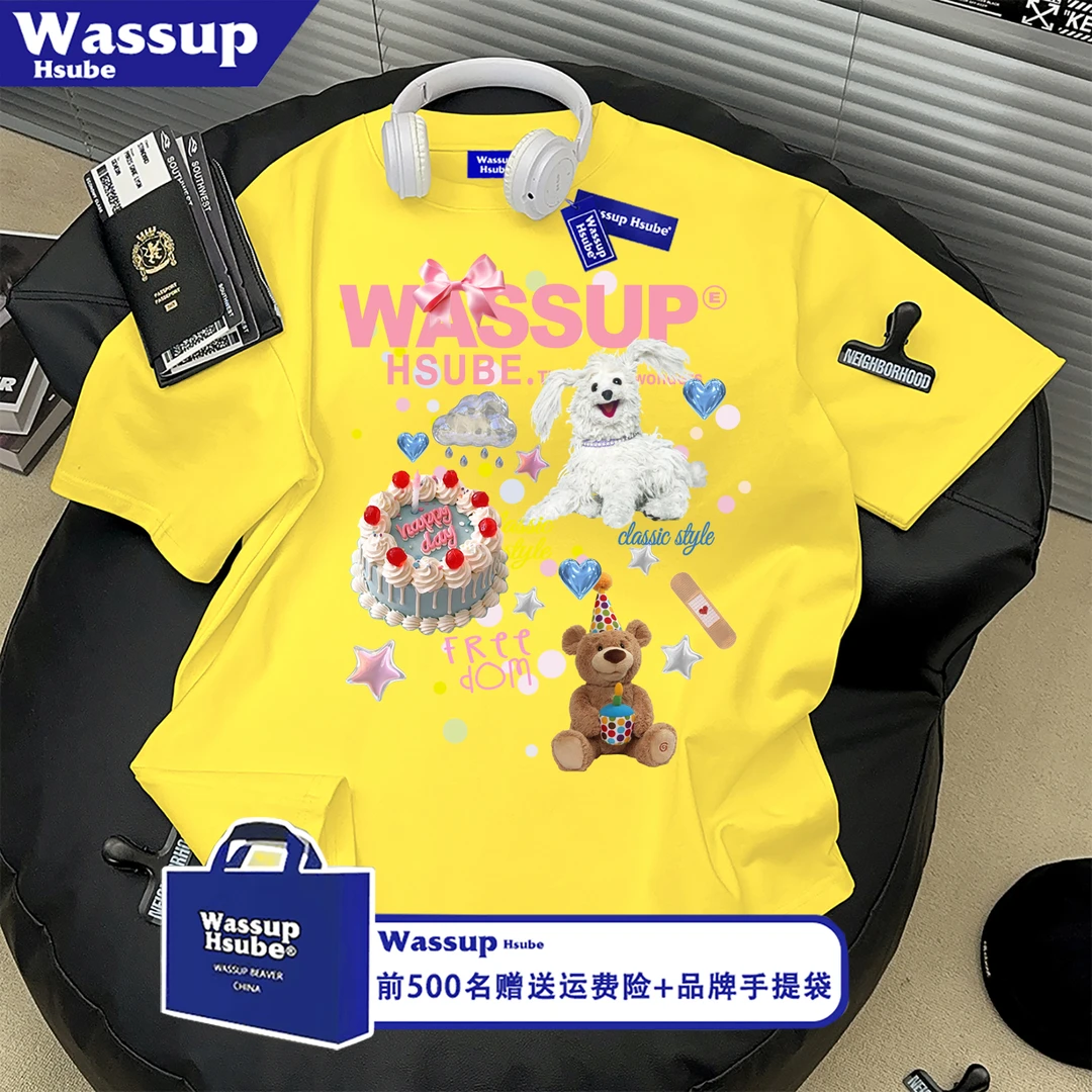 WASSUP HSUBE玩偶蛋糕印花短袖T恤男女夏季减龄百搭学院风上衣ins
