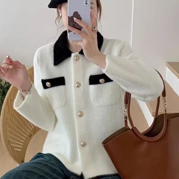 5208P-仿水貂香风新款时尚百搭外套宽松小个子轻奢开衫-短款立领