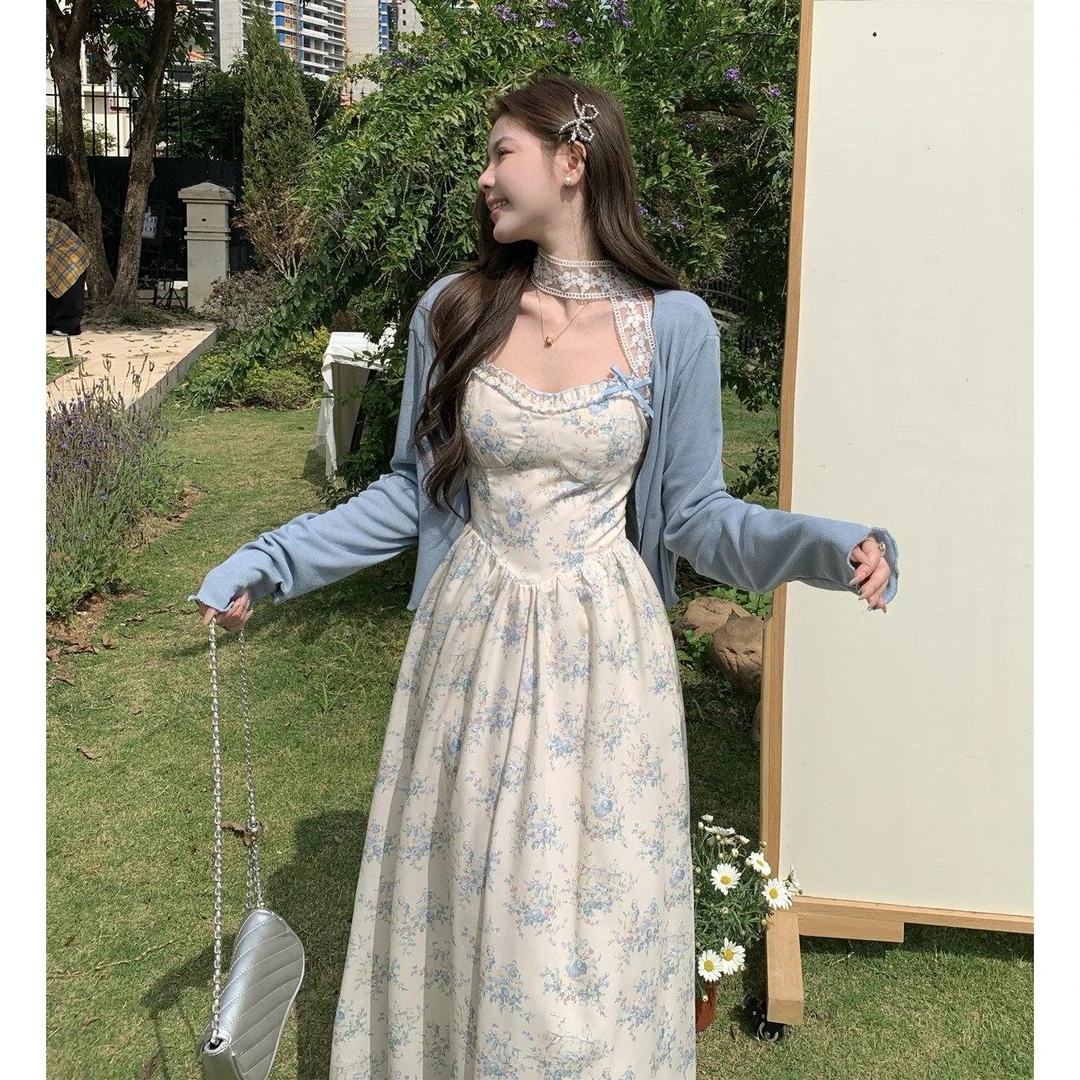 实拍 大码微胖法式复古印花吊带裙高腰显瘦长裙开衫两件套套装