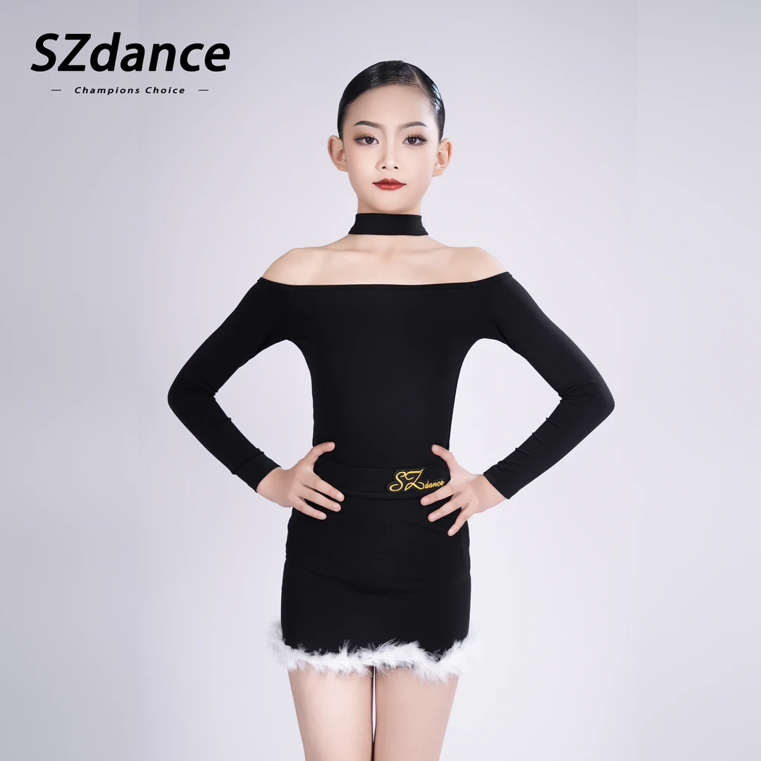 SZDANCE拉丁白色羽毛训练服舞蹈服儿童练功服AC25011