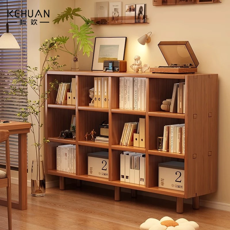 实木书架落地置物架胡桃色格子柜客厅收纳储物柜靠墙矮柜飘窗书柜
