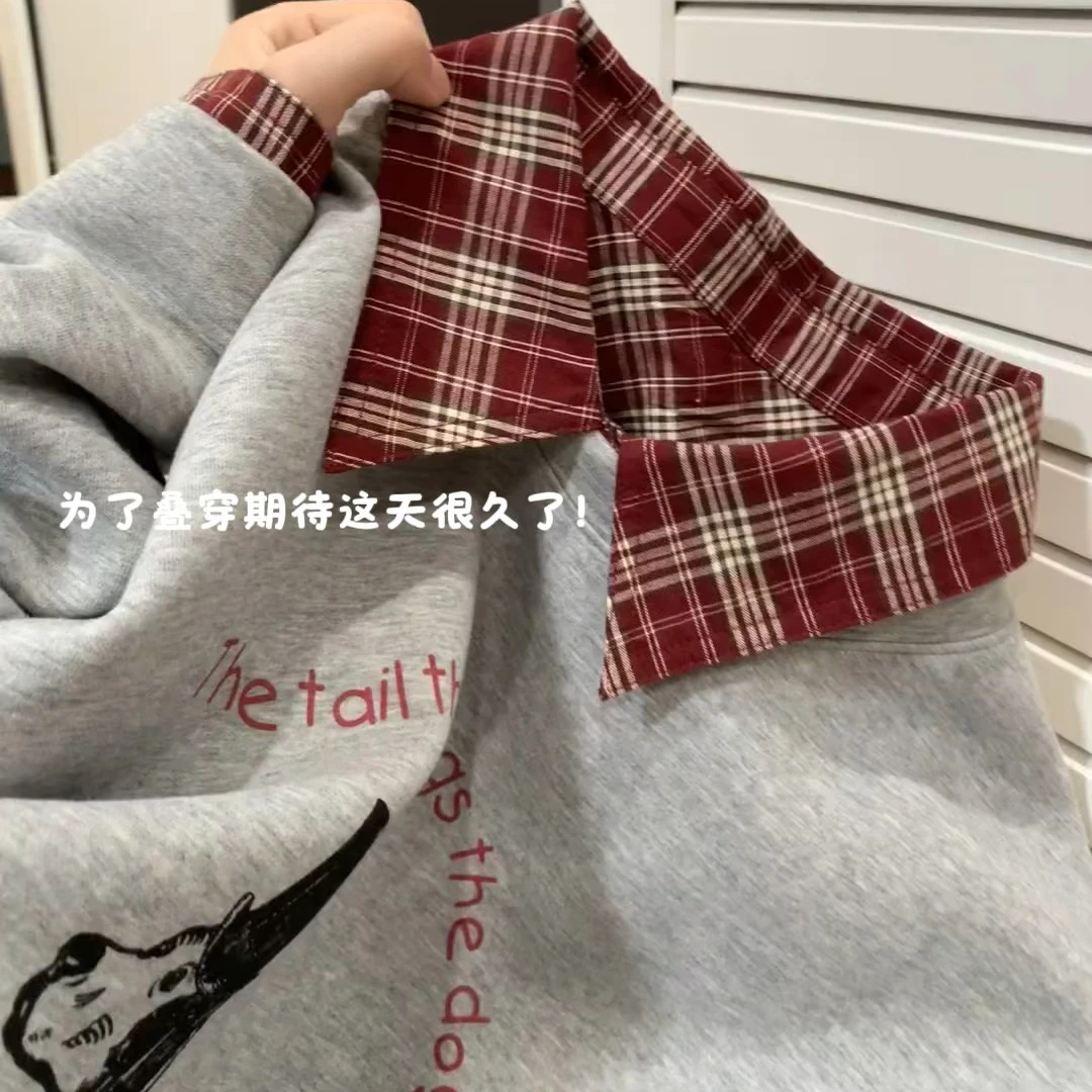 小狗印花慵懒风长袖落肩款卫衣女秋季宽松百搭设计感圆领无帽上衣