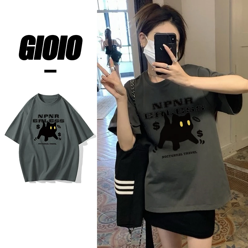 240克重磅潮牌手黑色猫猫t恤男女同款夏季白色宽松纯棉短袖