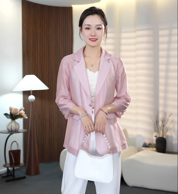 自由呼吸 高奢丝闪闪撒银春夏薄款防晒西装外套2505