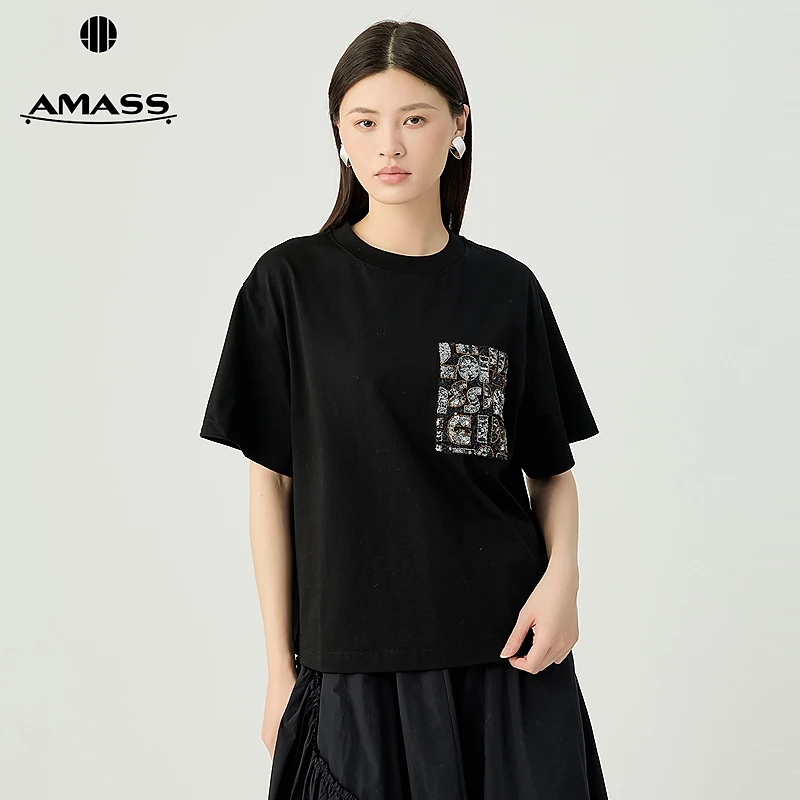 阿玛施AMASS 休闲造型质感胸前口袋亮片钉珠设计圆领T恤530088