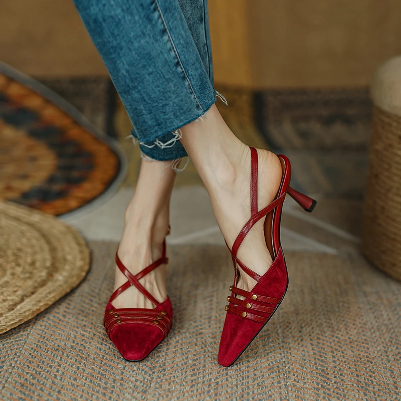 6.8cm~百搭小众鞋子法式包头凉鞋女静奢风细跟高跟鞋红色时装凉鞋