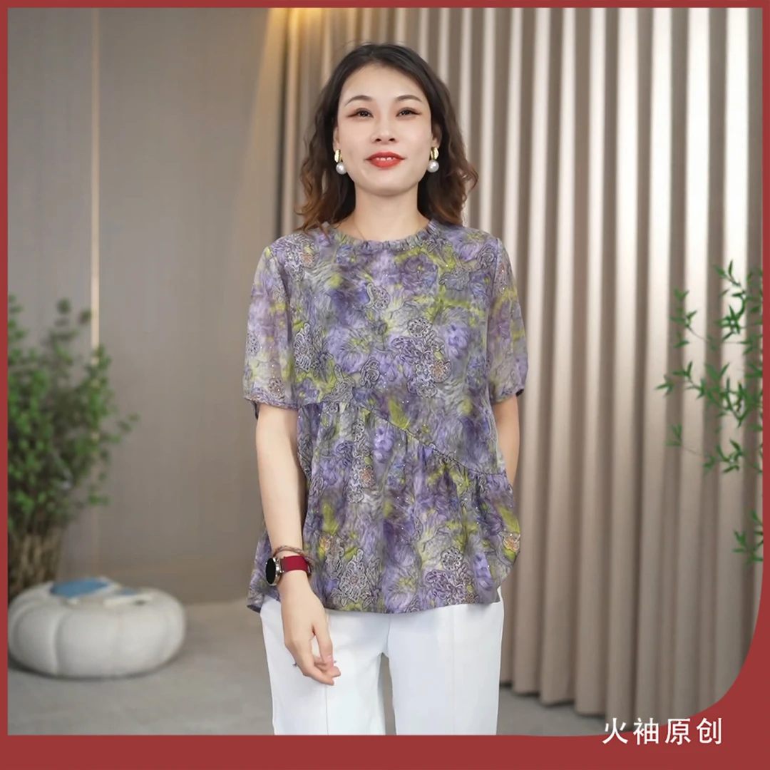 火袖G1067复古印花中老年妈妈装夏装新款宽松显瘦短袖气质小衫女