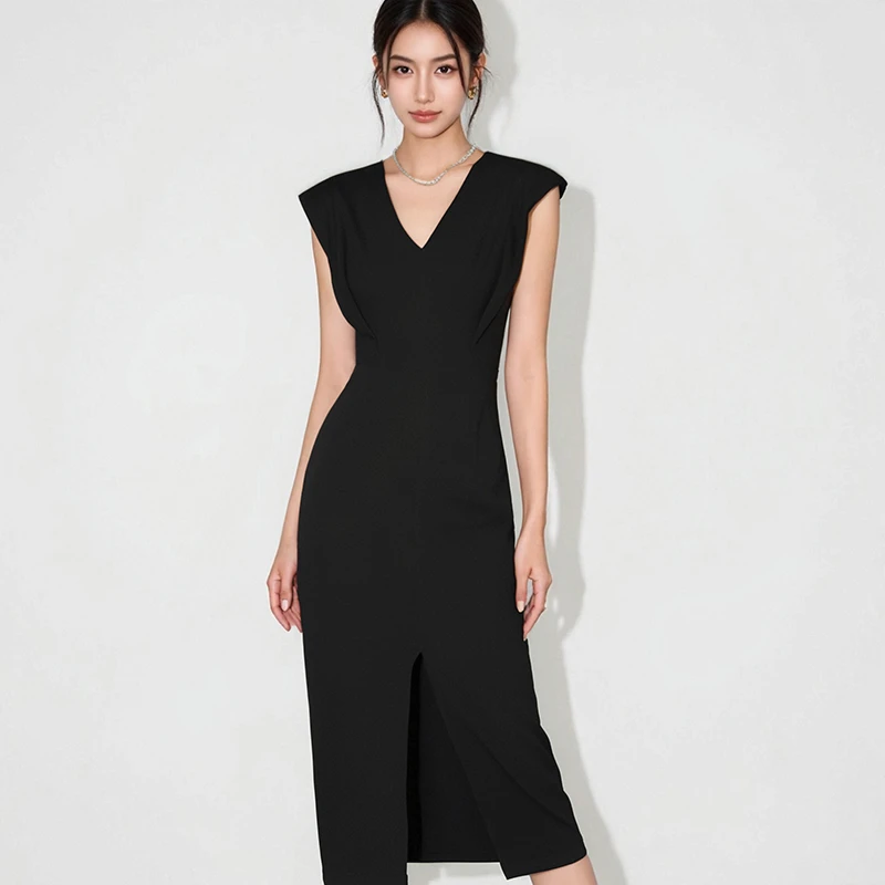 爆款法式高级感收腰气质开叉连衣裙女夏季中长款裙子HBZC621019