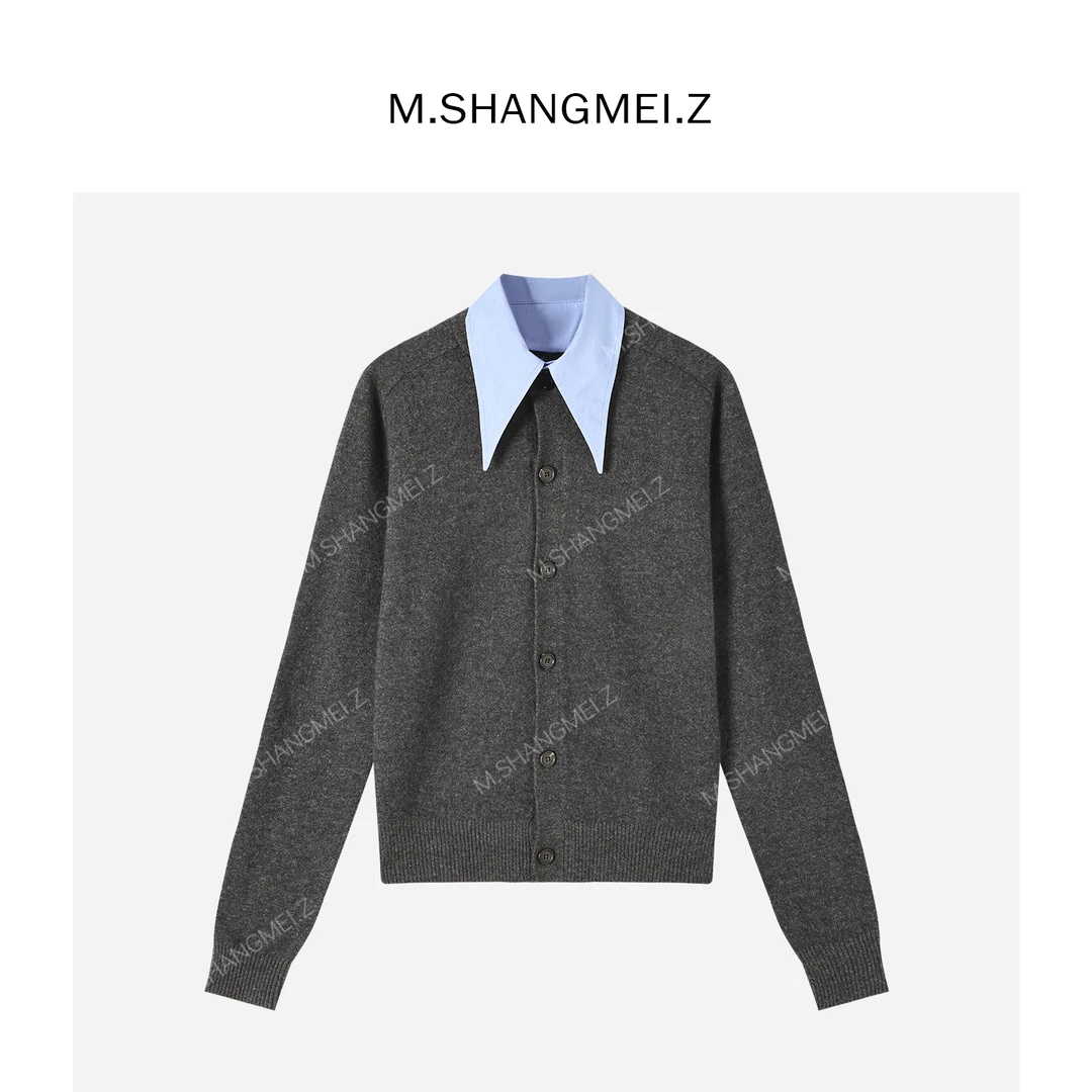 M.SHANGMEI.Z/沐熙【繁花】美大哥软糯撞色领羊毛开衫毛衣X103148