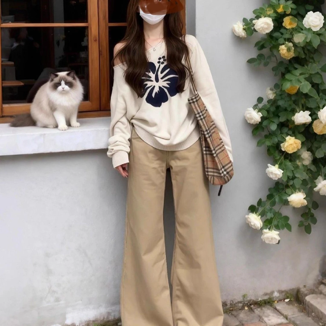 慵懒风秋季新款斜肩花卉针织衫女宽松微喇休闲阔腿裤套装显瘦百搭