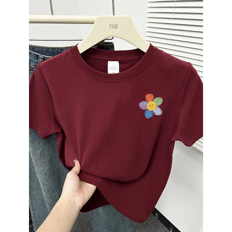 春夏季2025新款韩版小个子圆领短袖t恤女士正肩显瘦酒红色上衣服