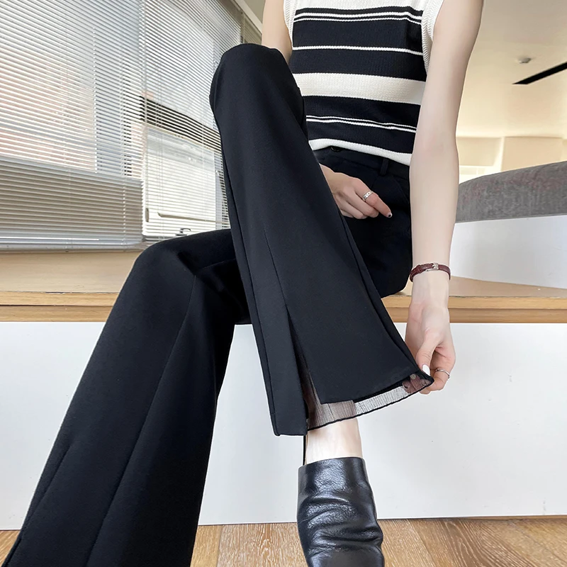 蕾丝拼接开叉西装微喇裤女春秋季2025新款高腰弹力显瘦垂感喇叭裤