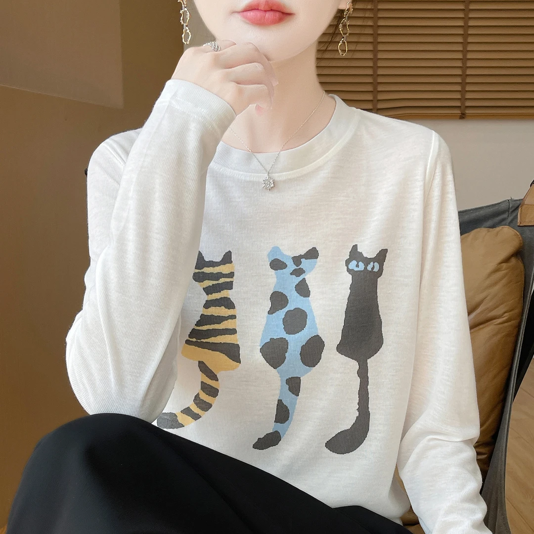 莱赛尔多色印花设计感T恤长袖薄款Z12012