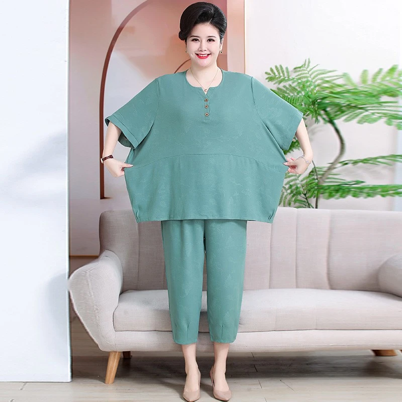 夏季妈妈棉麻两件套色短袖上衣女特体大码200斤中老年时尚套装