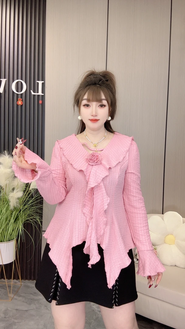 YY家2115春季新款长袖通勤花瓣袖设计感韩版减龄弹力气质时尚上衣