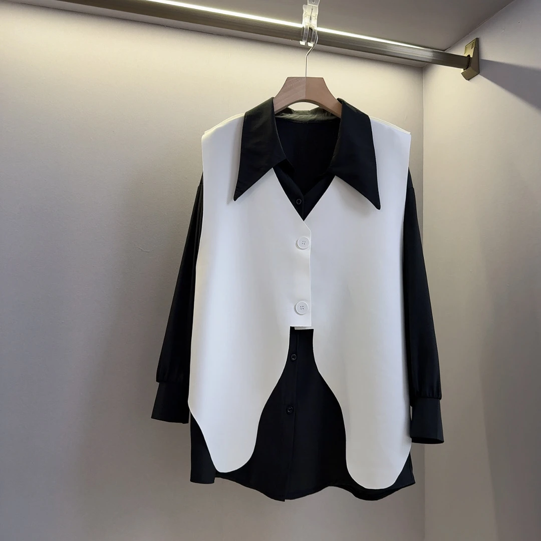 长袖马甲衬衫大翻领宽松遮肉不规则小众设计马甲两件套