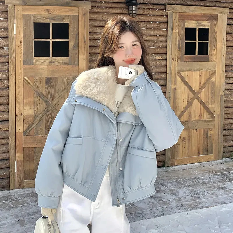 羊羔毛领PU皮派克服羽绒服女冬季短款2025新款宽松韩版白鸭绒外套