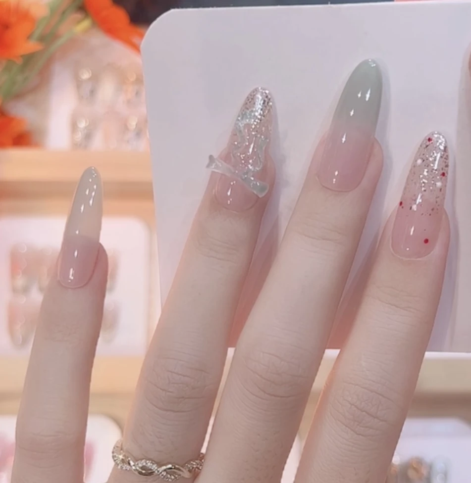 【极光之舞】夏日清新薄荷爆闪猫眼蝴蝶结法式温柔显白手工穿戴甲