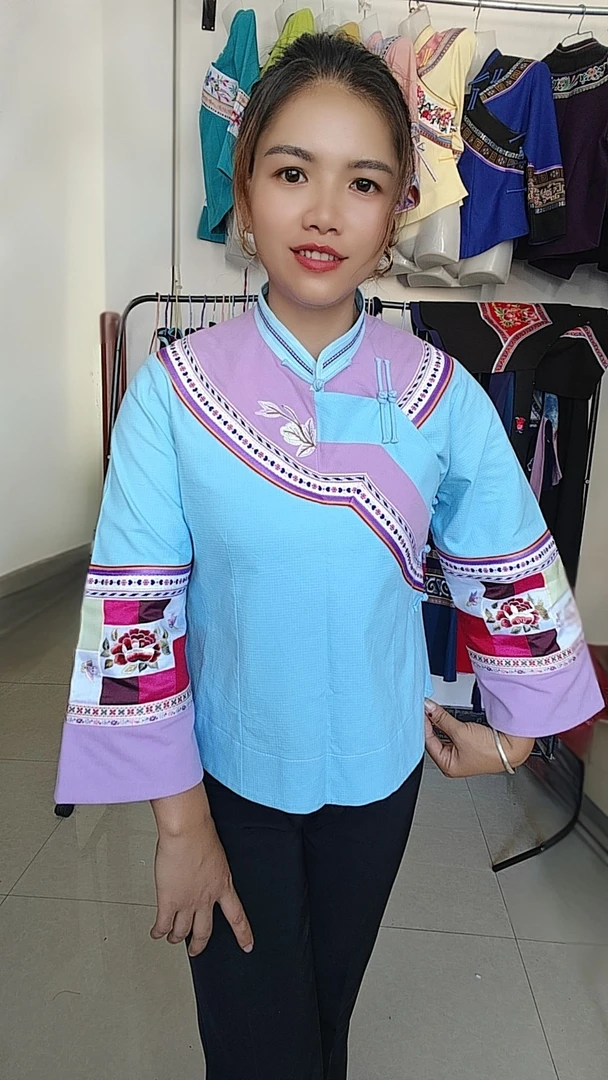 新款布依族壮族民族风紫色长袖复古绣花秋季时尚女款傣装上衣传统