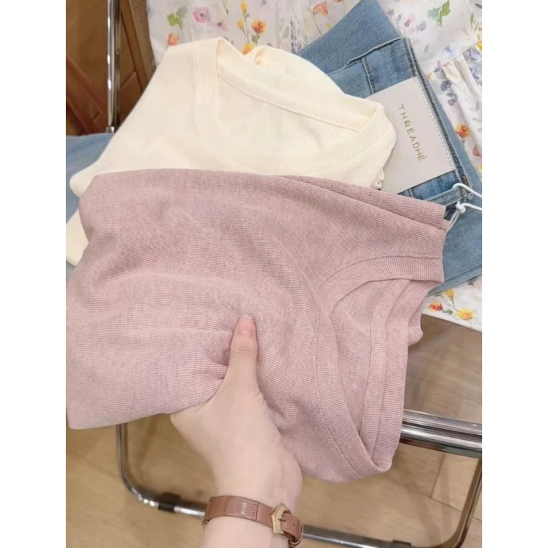 冰棋家竹节短袖t恤女夏季薄款极简ins穿搭圆领宽松轻薄透气上衣女