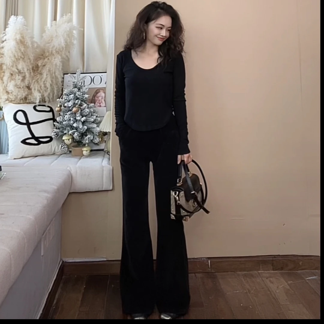 柚兮小个子自制～老钱风复古宽松微喇裤小个子长裤