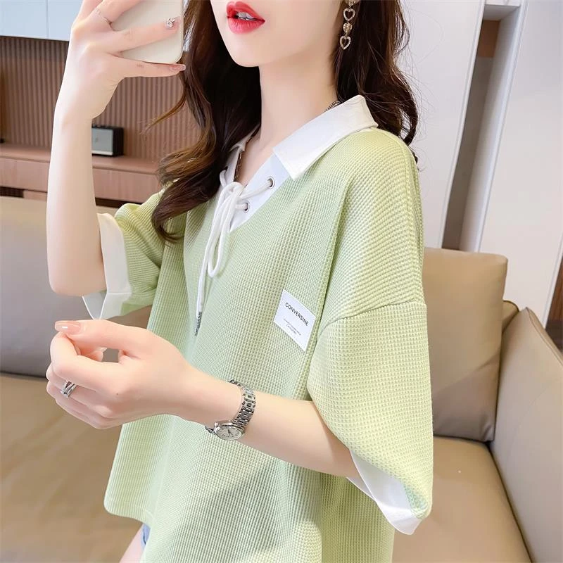 polo领拼接短袖t恤女夏季2025新款宽松韩版小个子洋气设计感上衣