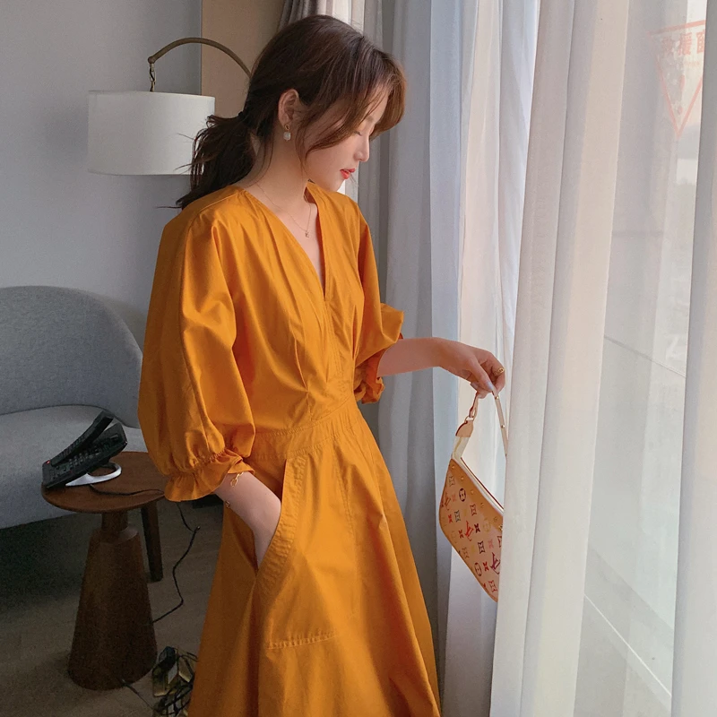 显瘦气质裙子夏季法式宽松收腰长裙泡泡袖中长款连衣裙姜黄色大码