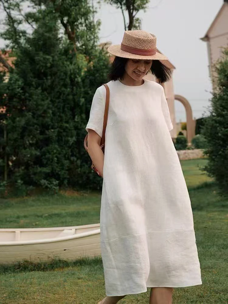 艳儿家【100亚麻法式气质连衣裙】半袖纯色直筒连衣裙女