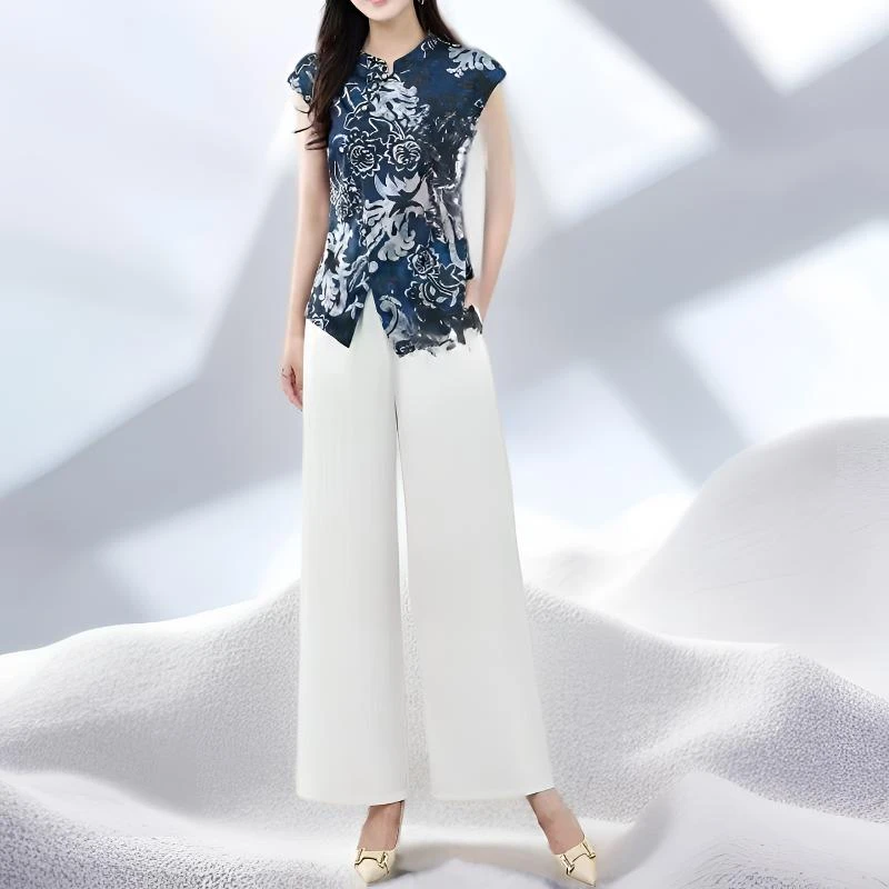 新款老钱风套装2025夏季休闲盘扣无袖上衣阔腿裤两件套M139
