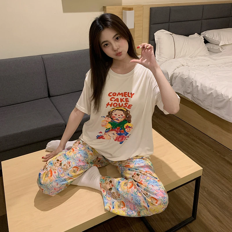 夏季新款蛋糕屋女孩短袖带杯垫三件套圆领睡衣透气亲肤女套装2179