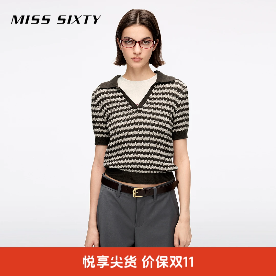 Miss Sixty2025夏季新款针织衫女气质V领复古条纹短袖短款上衣