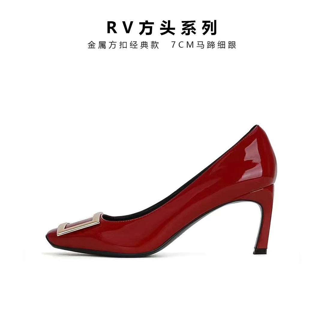 【R家明星款】金属方扣7cm高跟鞋方头浅口漆皮单鞋细跟真皮女士鞋